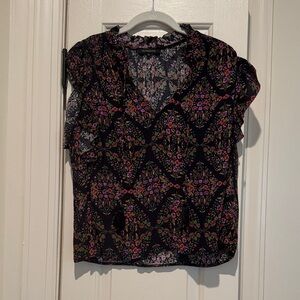 Olivaceous Black Floral Ruffle V-Neck Blouse